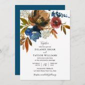 Navy and Rust Waterverf Flowers Wedding Kaart (Voorkant / Achterkant)