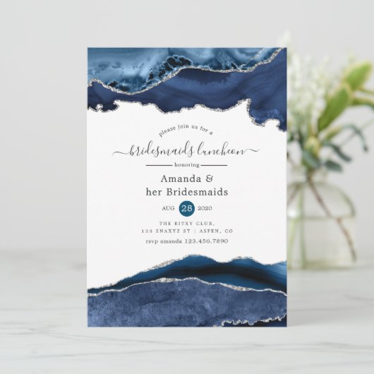 Navy and Silver Agate Bridesmaids Luncheon Kaart (Staand voorkant)