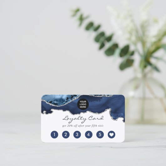 Navy and Silver Agate Precious Stone Corporate Klantenkaartje (Staand voorkant)