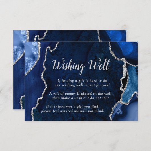 Navy and Silver Agate Wedding Wishing Well Informatiekaartje (Voorkant / Achterkant)