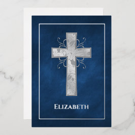 Navy and Silver Baptism of Christening Filigree F Folie Uitnodiging