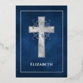 Navy and Silver Baptism of Christening Filigree F Folie Uitnodiging (Voorkant)