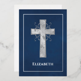 Navy and Silver Baptism of Christening Filigree Folie Uitnodiging