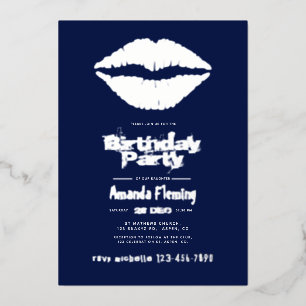 Navy and Silver Birthday Kiss Lips Folie Uitnodiging