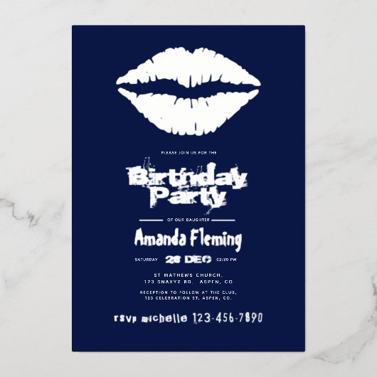 Navy and Silver Birthday Kiss Lips Folie Uitnodiging (Voorkant)