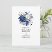 Navy and Silver Floral Wedding Kaart (Staand voorkant)