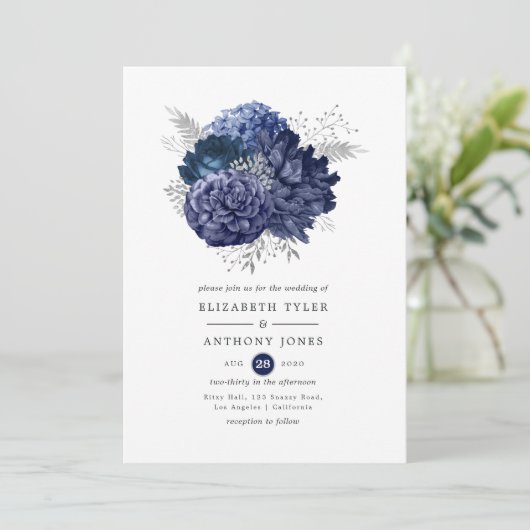Navy and Silver Floral Wedding Kaart (Staand voorkant)