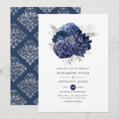 Navy and Silver Floral Wedding Kaart (Voorkant / Achterkant)