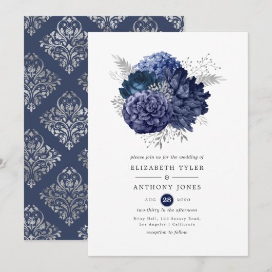 Navy and Silver Floral Wedding Kaart (Voorkant / Achterkant)