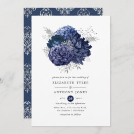 Navy and Silver Floral Wedding Kaart