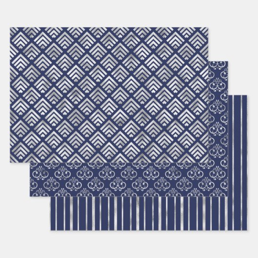 Navy and Silver Geometric Patterns Elegant Inpakpapier Vel (Set)