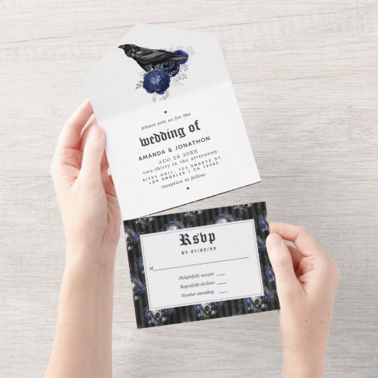 Navy and Silver Gothic Floral Wedding All In One Uitnodiging (Afscheurbaar)