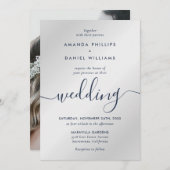 Navy and Silver Modern Script Photo Wedding Kaart (Voorkant / Achterkant)