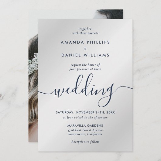 Navy and Silver Modern Script Photo Wedding Kaart (Voorkant / Achterkant)