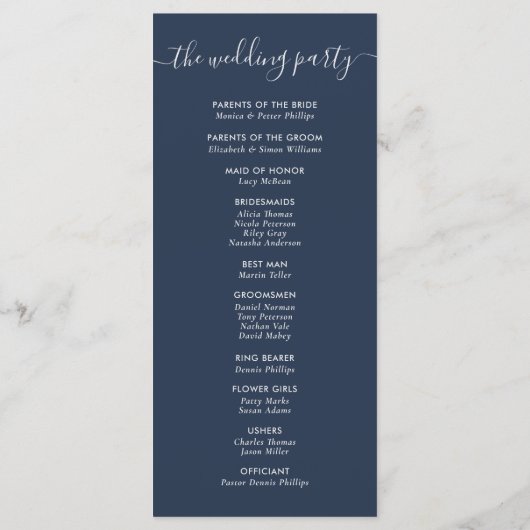 Navy and Silver Modern Script Wedding Programmakaart (Achterkant)