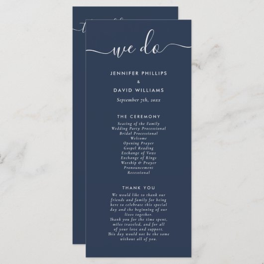 Navy and Silver Modern Script Wedding Programmakaart (Voorkant / Achterkant)