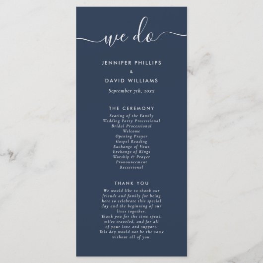 Navy and Silver Modern Script Wedding Programmakaart (Voorkant)