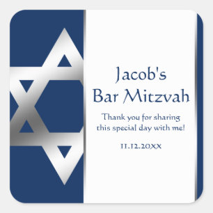 Navy and Silver Star van David Bar Mitzvah Favor Vierkante Sticker