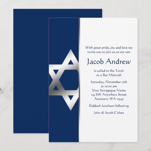 Navy and Silver Star van David Bar Mitzvah Invites Kaart (Voorkant / Achterkant)