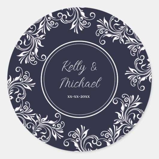 Navy and White Elegant Style Wedding Ronde Sticker (Voorkant)