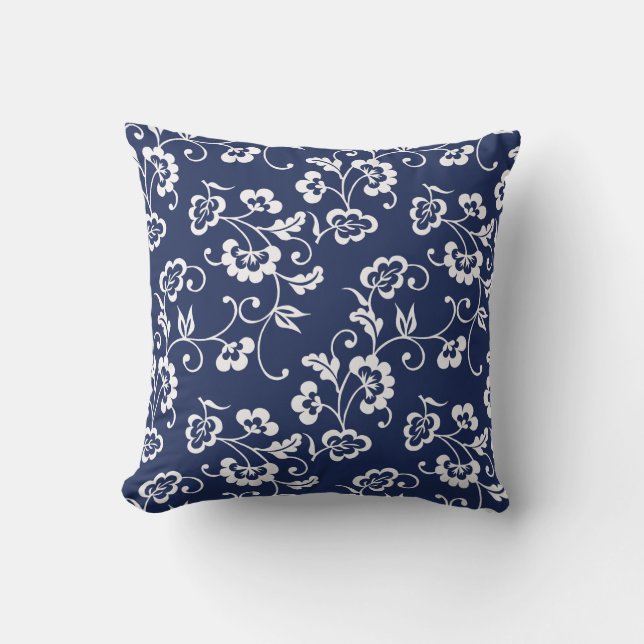 Navy and White Floral Pattern Kussen (Voorkant)