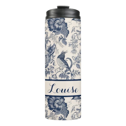 Navy and White Floral Toile Patterned Thermosbeker (Voorkant)