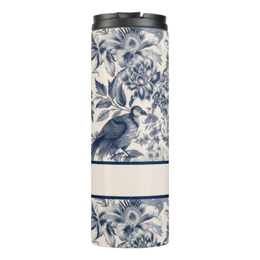 Navy and White Floral Toile Patterned Thermosbeker (Achterkant)