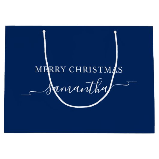Navy and White Merry Christmas Ribbon Swash Naam Groot Cadeauzakje (Voorkant)