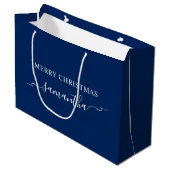 Navy and White Merry Christmas Ribbon Swash Naam Groot Cadeauzakje (Voorkant Gekanteld)