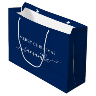 Navy and White Merry Christmas Ribbon Swash Naam Groot Cadeauzakje