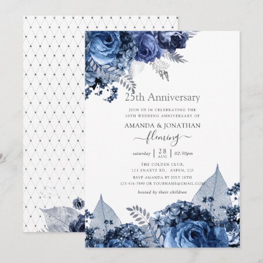 Navy and White met Silver Foil 25th Jubileum Kaart (Voorkant / Achterkant)