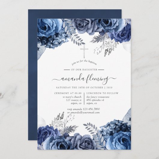 Navy and White met Silver Foil Floral Baptism Kaart (Voorkant / Achterkant)