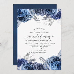 Navy and White met Silver Foil Floral Baptism Kaart
