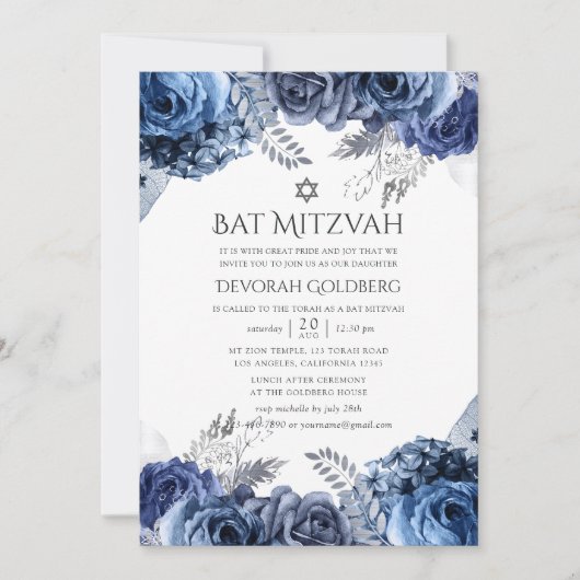 Navy and White met Silver Foil Floral Bat Mitzvah Kaart (Voorkant)