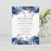Navy and White met Silver Foil Floral Bat Mitzvah Kaart (Staand voorkant)