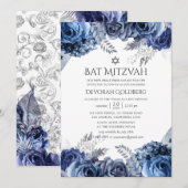 Navy and White met Silver Foil Floral Bat Mitzvah Kaart (Voorkant / Achterkant)