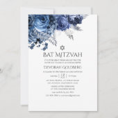 Navy and White met Silver Foil Floral Bat Mitzvah Kaart (Voorkant)