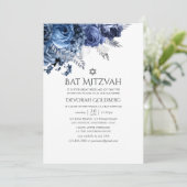 Navy and White met Silver Foil Floral Bat Mitzvah Kaart (Staand voorkant)