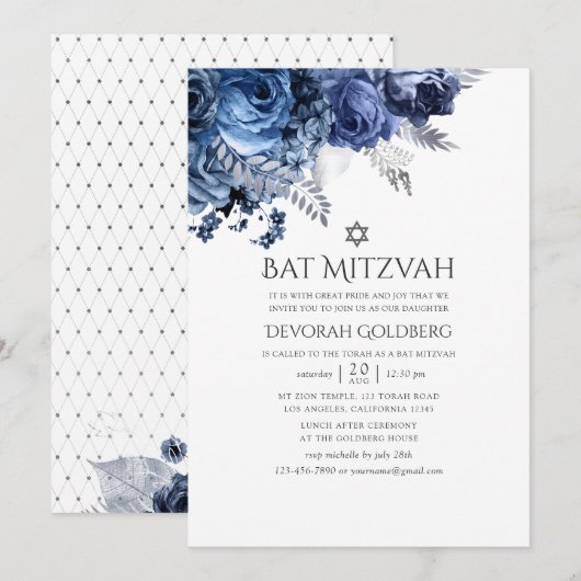 Navy and White met Silver Foil Floral Bat Mitzvah Kaart (Voorkant / Achterkant)