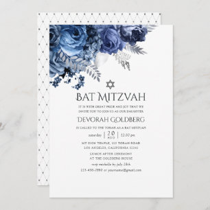 Navy and White met Silver Foil Floral Bat Mitzvah Kaart