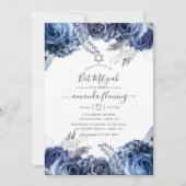 Navy and White met Silver Foil Floral Bat Mitzvah Kaart (Voorkant)