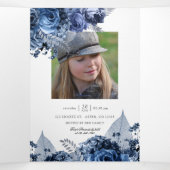 Navy and White met Silver Foil Floral Quinceañera Drieluik Uitnodiging (Binnenkant midden)