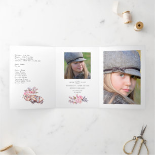 Navy and White met Silver Foil Floral Quinceañera Drieluik Uitnodiging