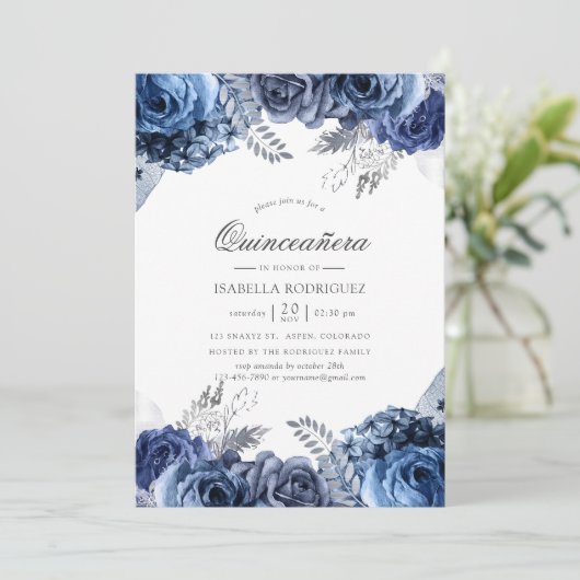 Navy and White met Silver Foil Floral Quinceañera Kaart (Staand voorkant)