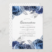 Navy and White met Silver Foil Floral Quinceañera Kaart (Voorkant / Achterkant)