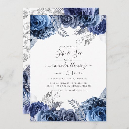 Navy and White met Silver Foil Floral Sip en Zie Kaart (Voorkant / Achterkant)