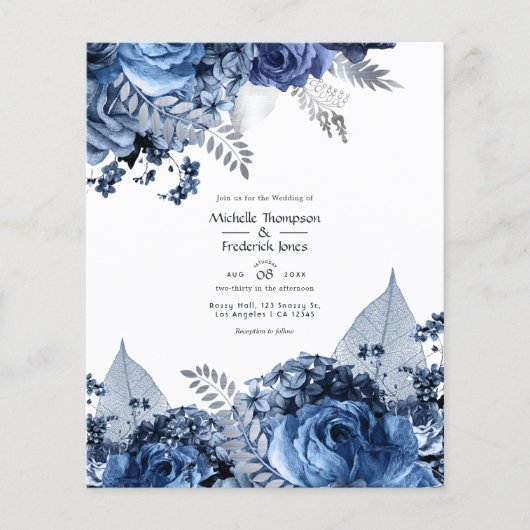 Navy and White met Silver Foil Floral Wedding Flyer (Voorkant)