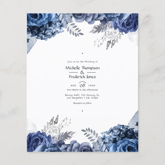 Navy and White met Silver Foil Floral Wedding Flyer (Voorkant)