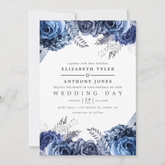 Navy and White met Silver Foil Floral Wedding Kaart (Voorkant)