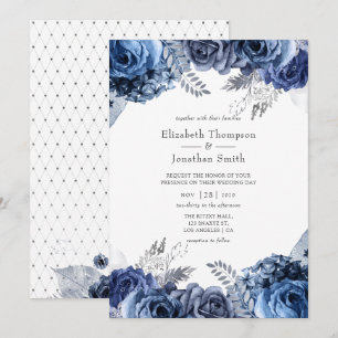 Navy and White met Silver Foil Floral Wedding Kaart